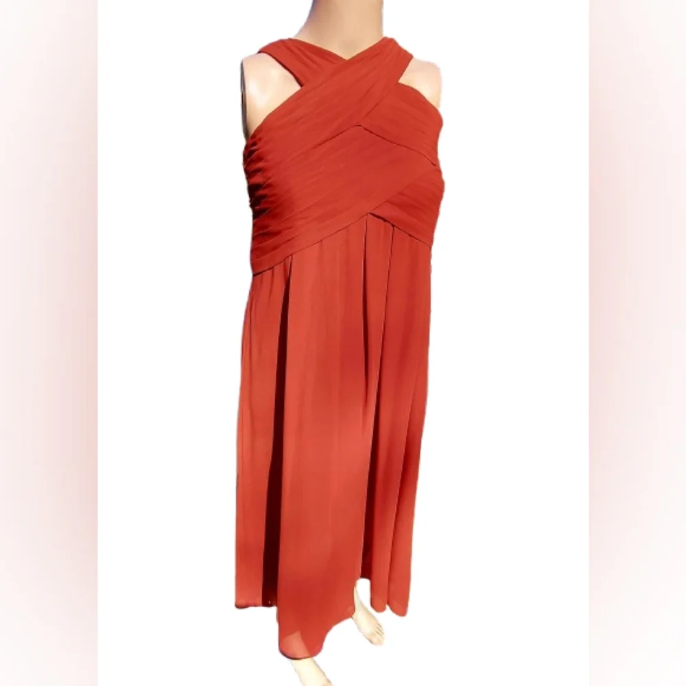 Bill Levkoff 82955 Rust CrissCross Boddice Chiffon Halter Pleated Formal Gown - Picture 4 of 10